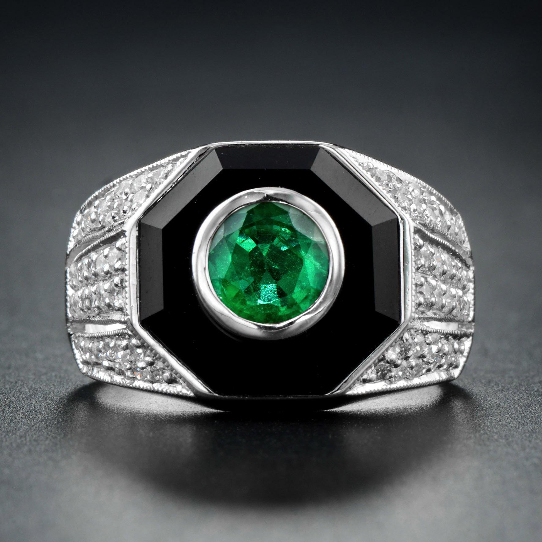 Round Cut Emerald Diamond and Onyx Art Deco Style Dome Ring in 14K White Gold For Sale