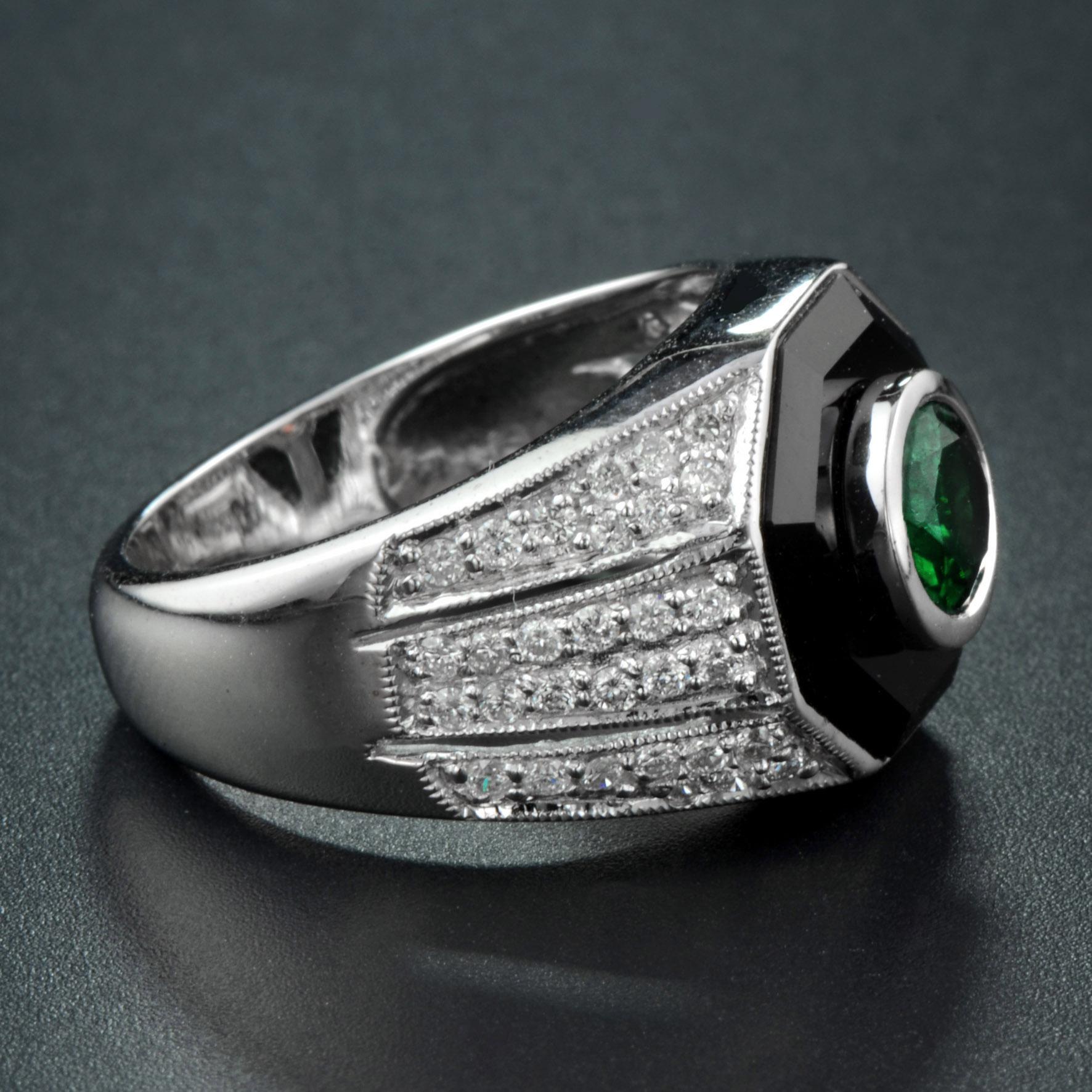 Women's Emerald Diamond and Onyx Art Deco Style Dome Ring in 14K White Gold For Sale
