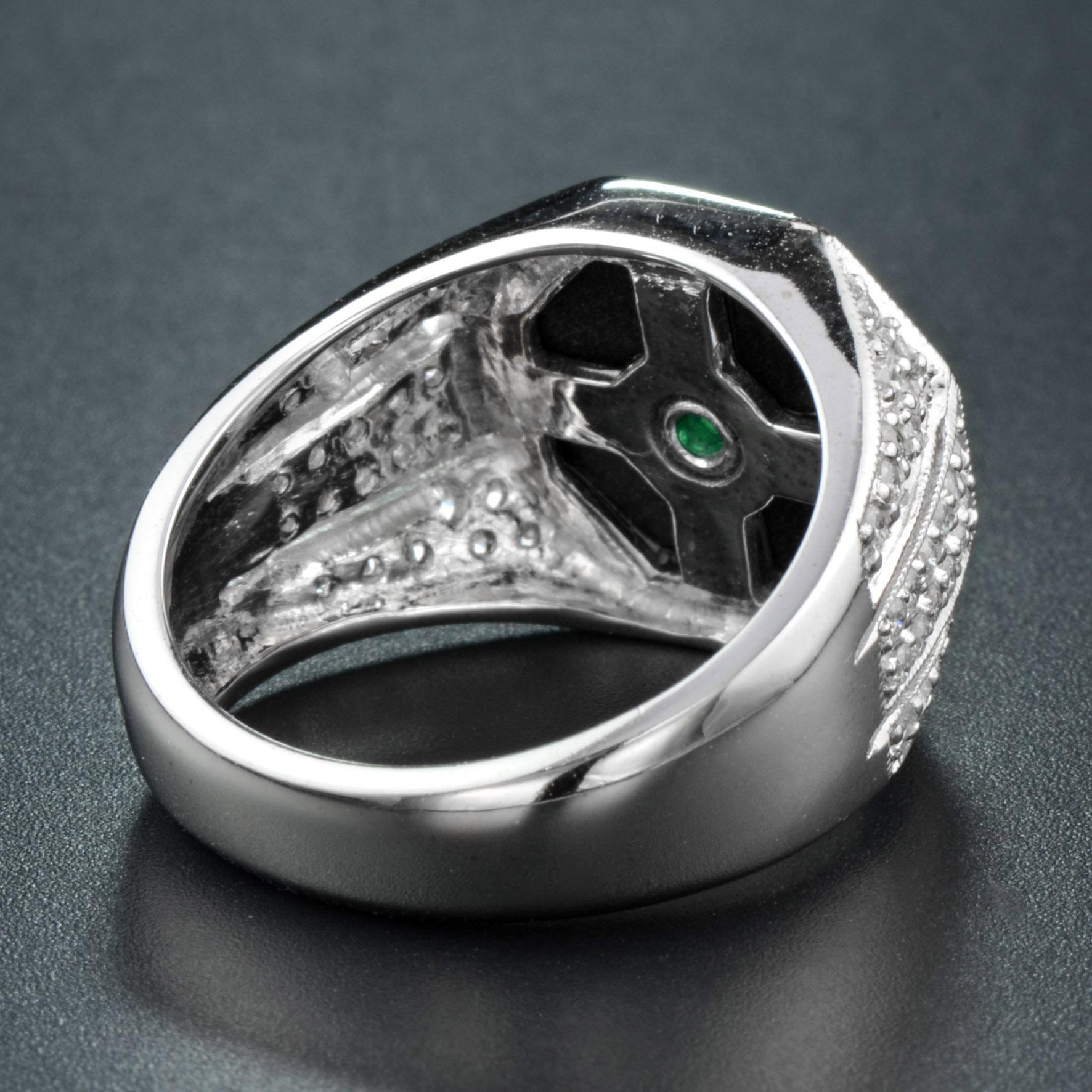 Emerald Diamond and Onyx Art Deco Style Dome Ring in 14K White Gold For Sale 1