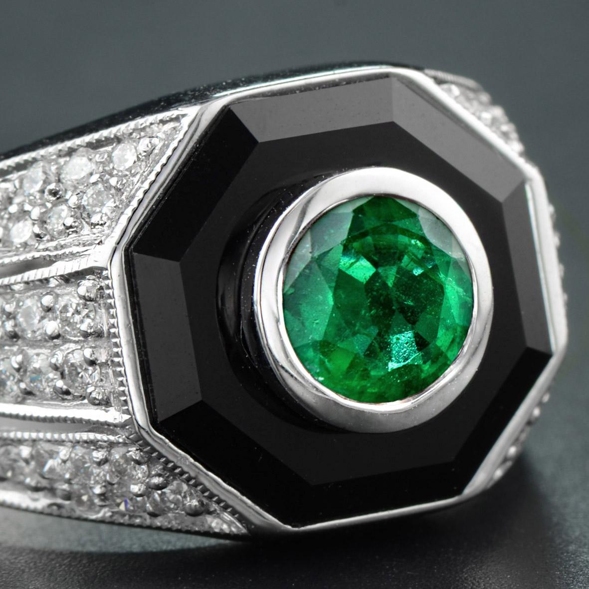 Emerald Diamond and Onyx Art Deco Style Dome Ring in 14K White Gold For Sale 2