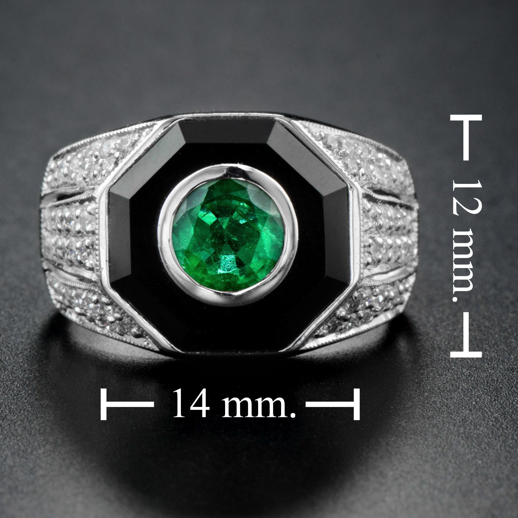 Emerald Diamond and Onyx Art Deco Style Dome Ring in 14K White Gold For Sale 3