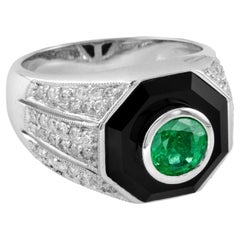 Anello a cupola con diamante smeraldo e onice in stile Art Deco in oro bianco 14 carati