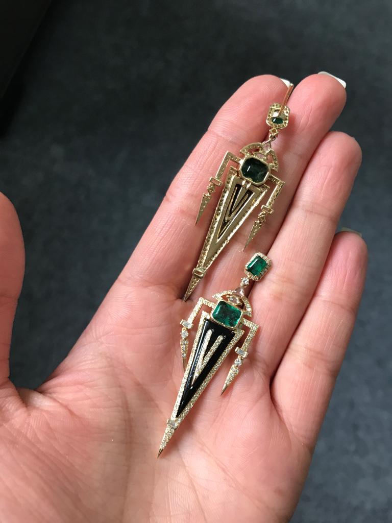 Emerald Cut Emerald, Diamond and Onyx Dangle Earrings in 18 Karat Yellow Gold