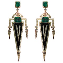 Emerald, Diamond and Onyx Dangle Earrings in 18 Karat Yellow Gold