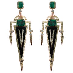 Emerald, Diamond and Onyx Dangle Earrings in 18 Karat Yellow Gold