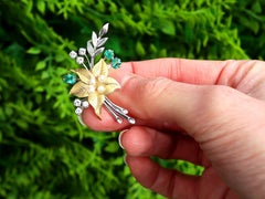 Emerald Diamond and Pearl 18k Yellow Gold and Platinum Floral Brooch 1959
