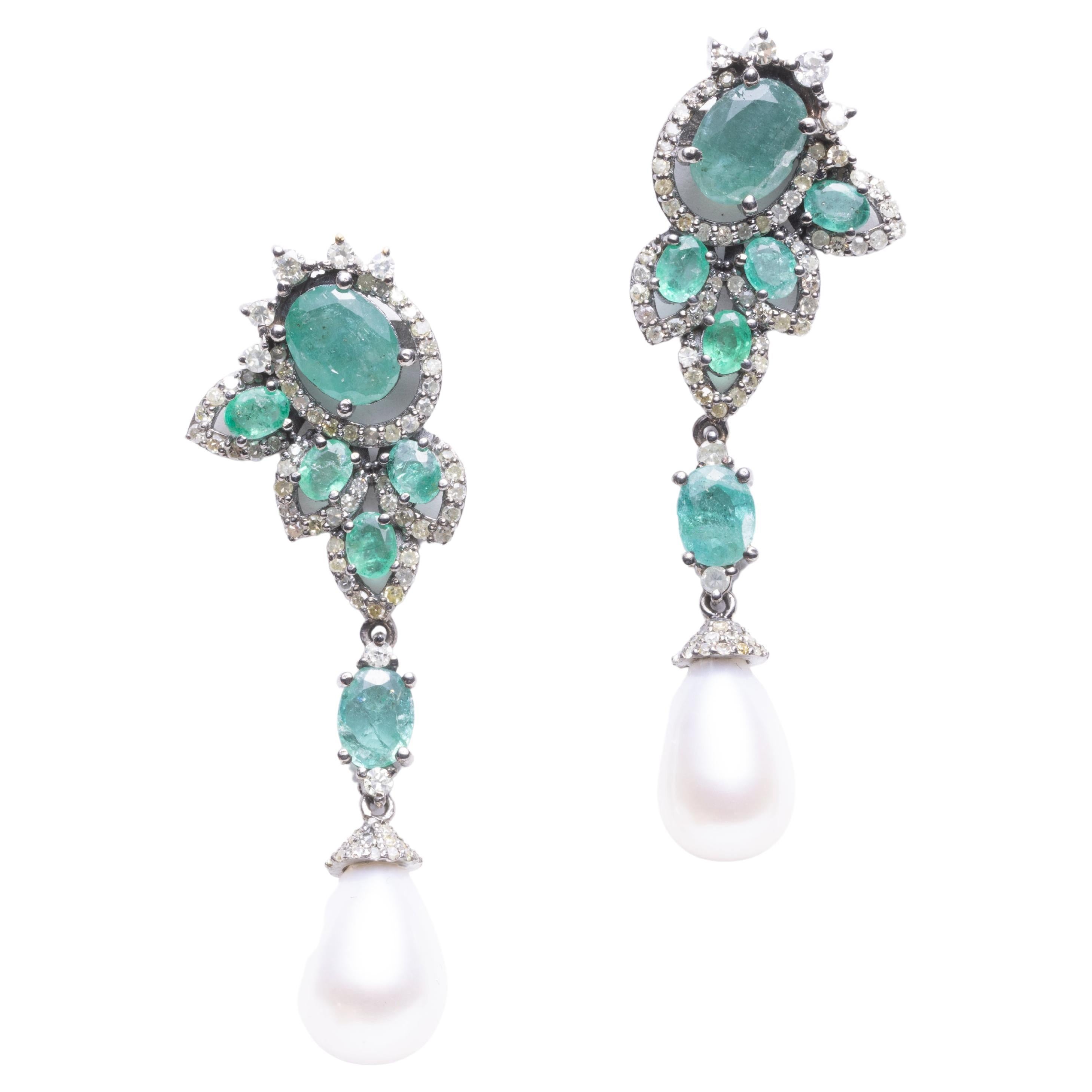 Emerald, Diamond and Pearl Chandelier Earrings For Sale