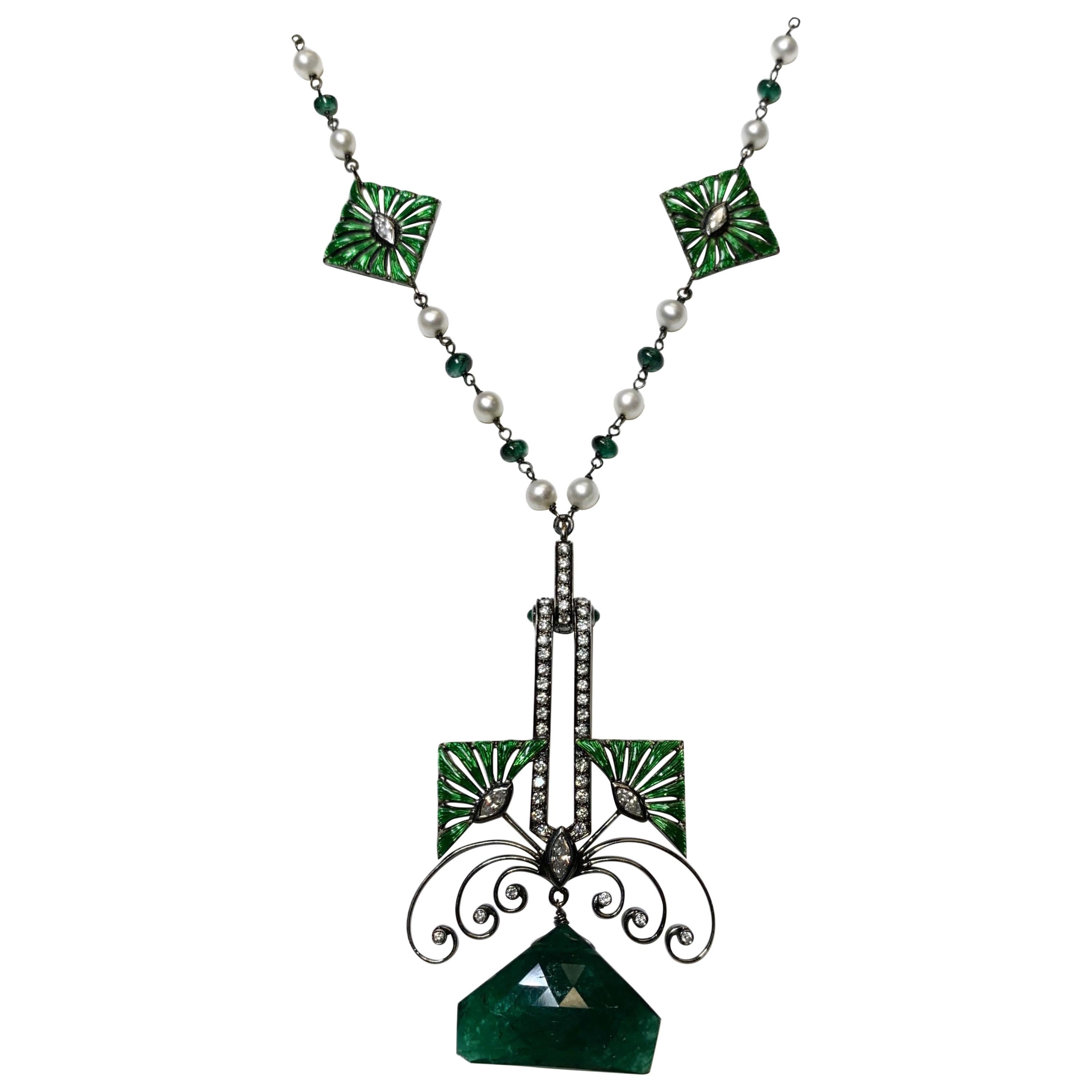 Emerald, Diamond, and Pearl Enamel Necklace in 18 Karat Blackened Gold For Sale