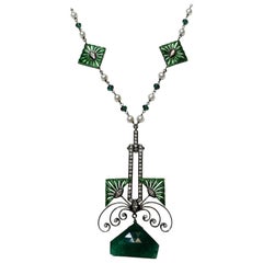 Emerald, Diamond, and Pearl Enamel Necklace in 18 Karat Blackened Gold
