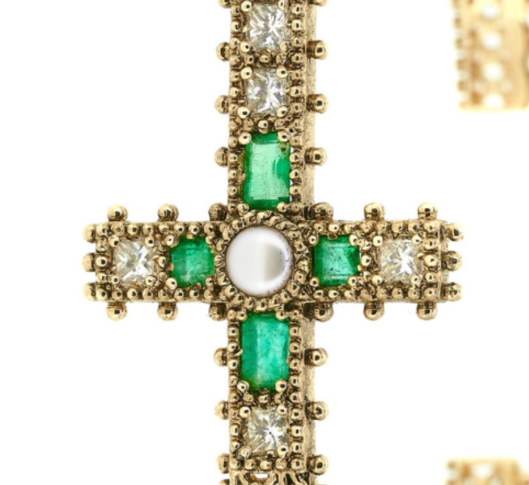 Emerald Cut Emerald Diamond and Pearl Madonna Bracelet in 18k Gold For Sale