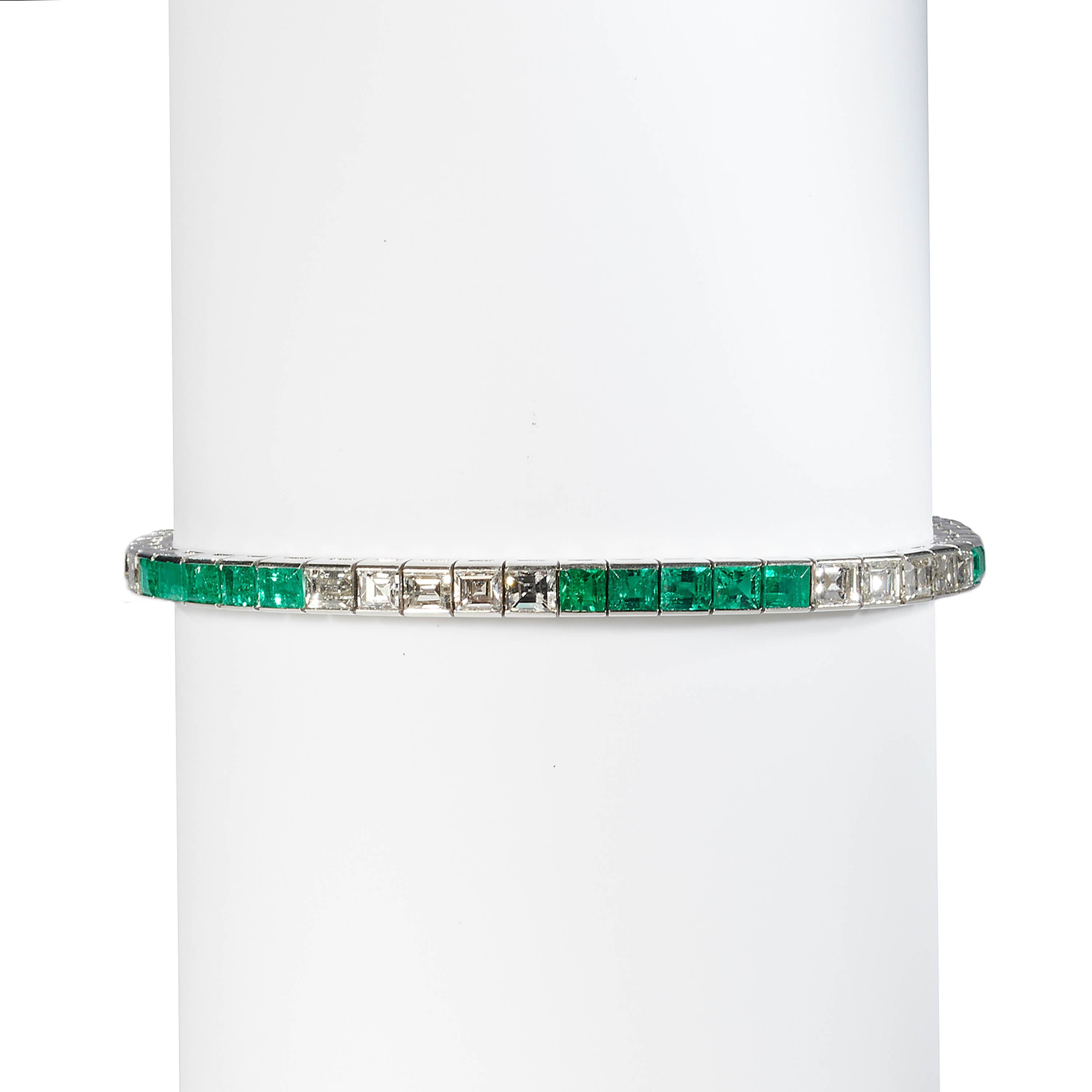 Modern Emerald, Diamond and Platinum Line Bracelet, Circa 2000 For Sale