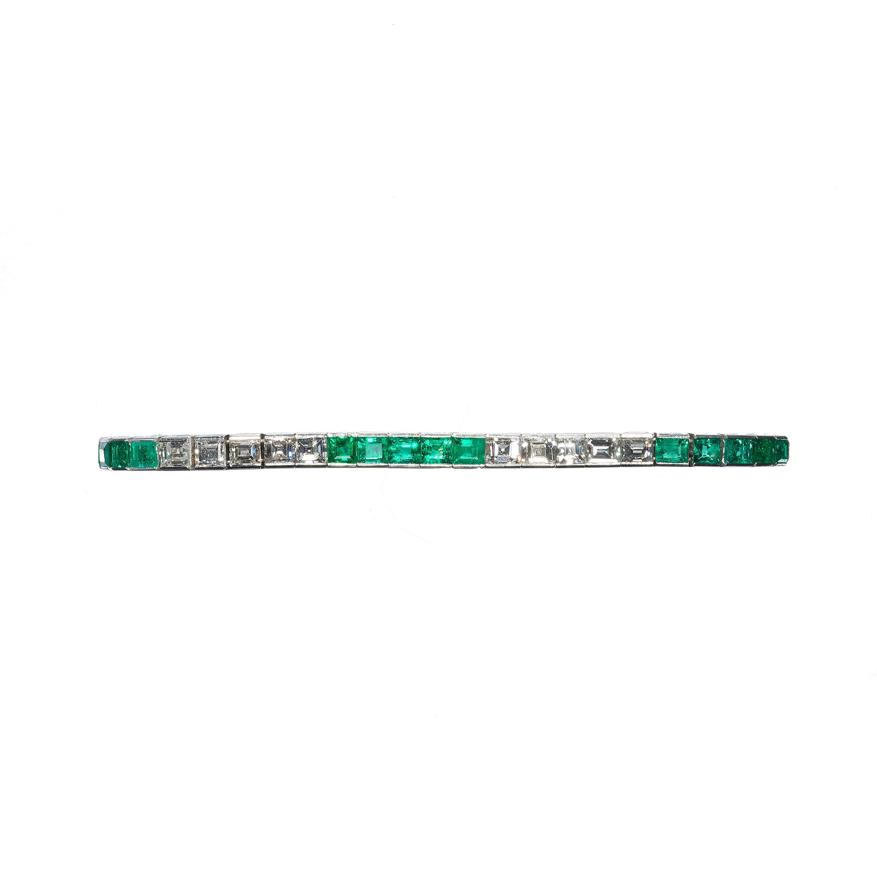 Square Cut Emerald, Diamond and Platinum Line Bracelet, Circa 2000 For Sale