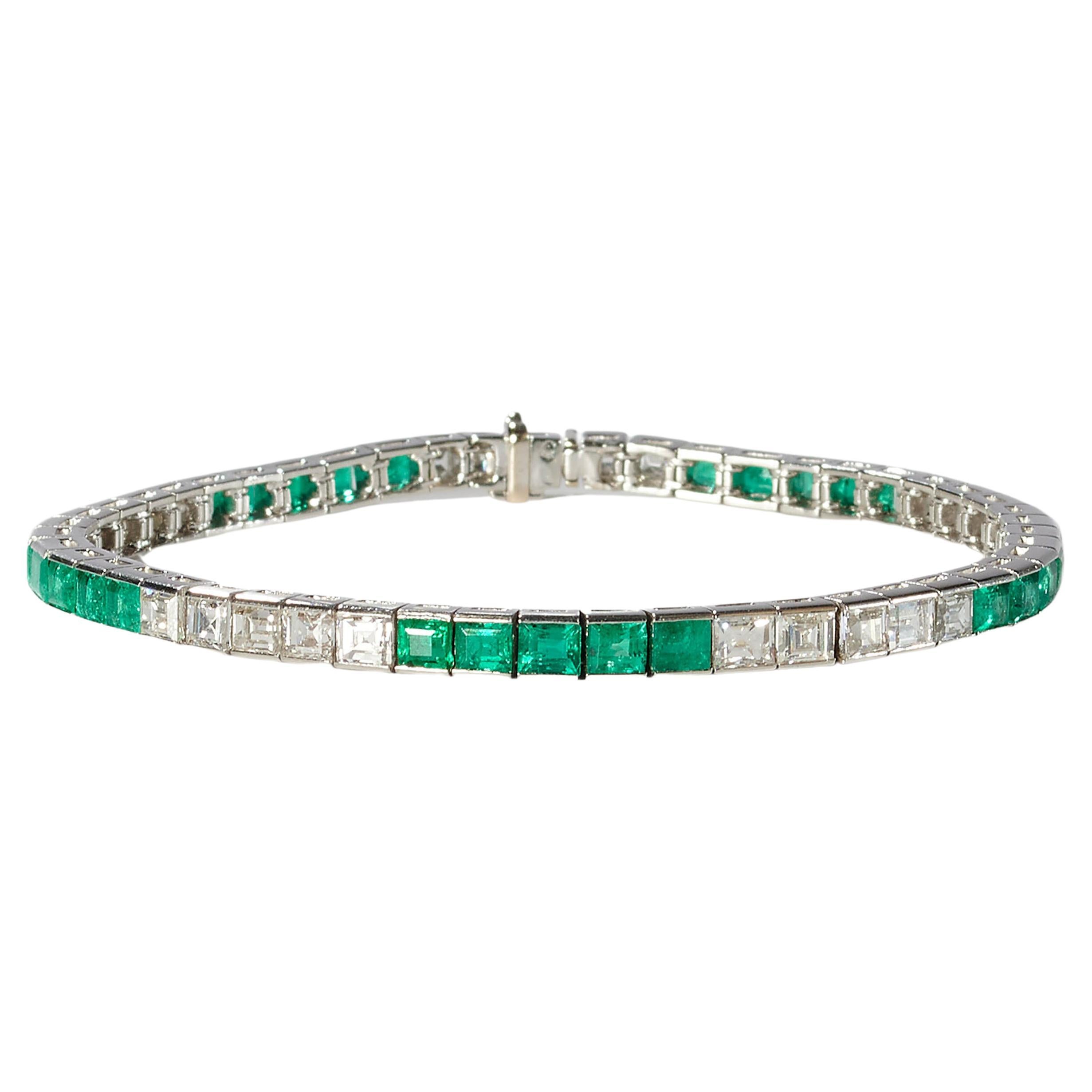Emerald, Diamond and Platinum Line Bracelet, Circa 2000 For Sale