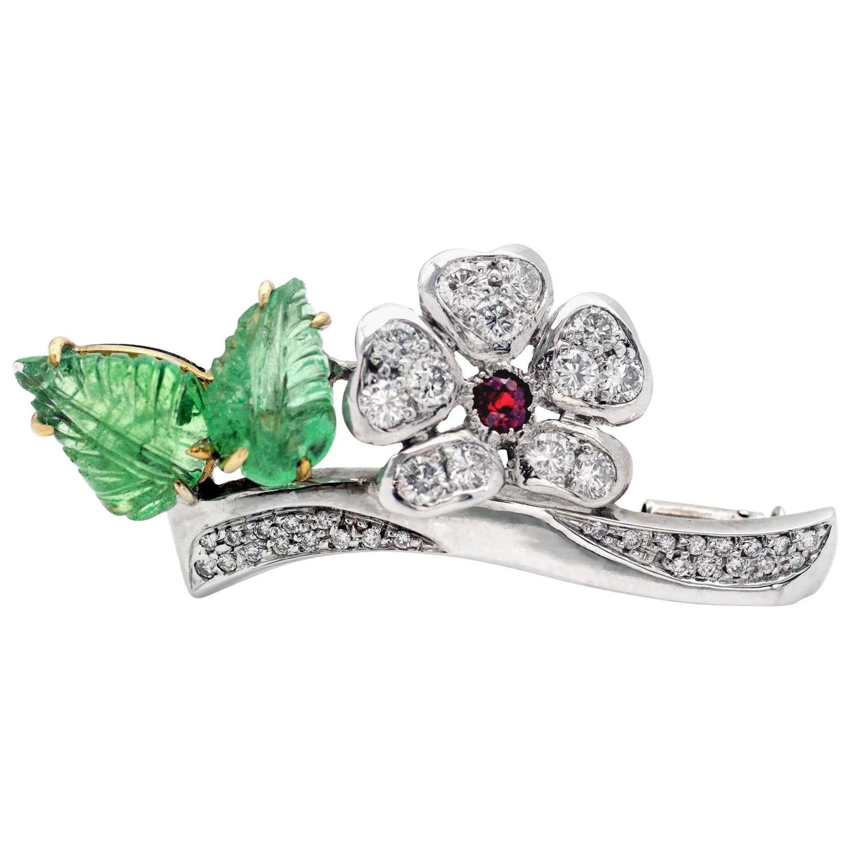 Emerald Diamond and Ruby 18-Karat Gold Flower Brooch