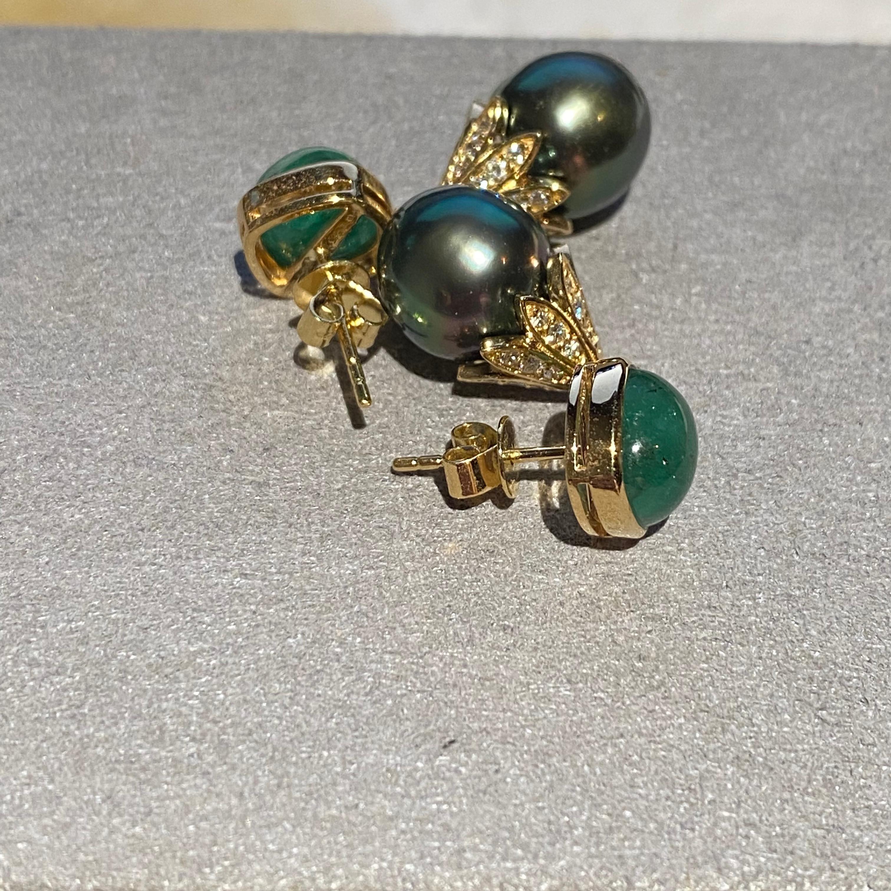 Contemporary Eostre Emerald, Diamond and Tahitian Pearl Earring in 18K Yellow Gold