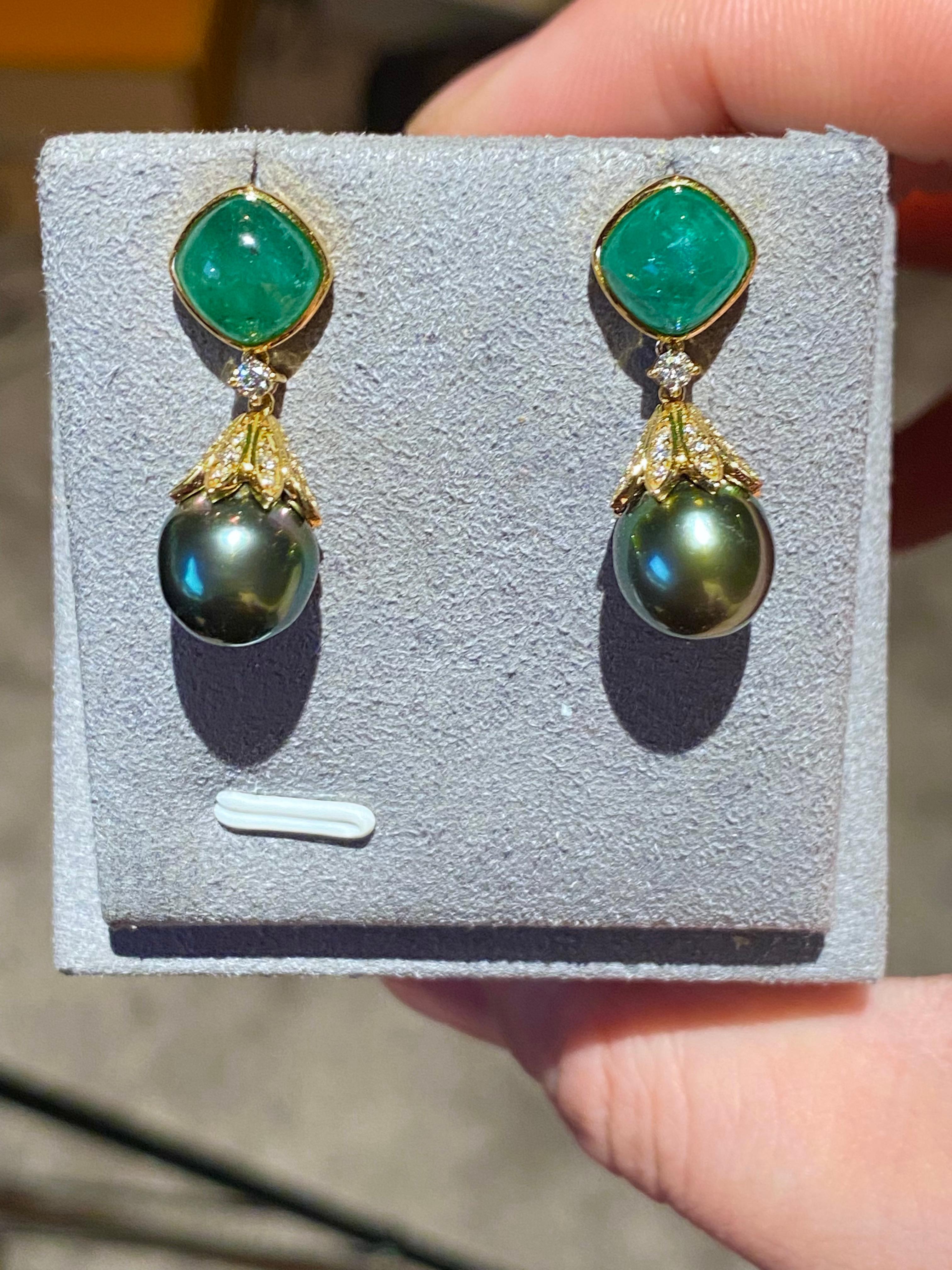 Brilliant Cut Eostre Emerald, Diamond and Tahitian Pearl Earring in 18K Yellow Gold