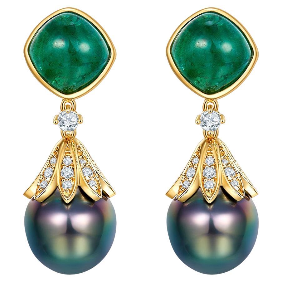 Eostre Emerald, Diamond and Tahitian Pearl Earring in 18K Yellow Gold