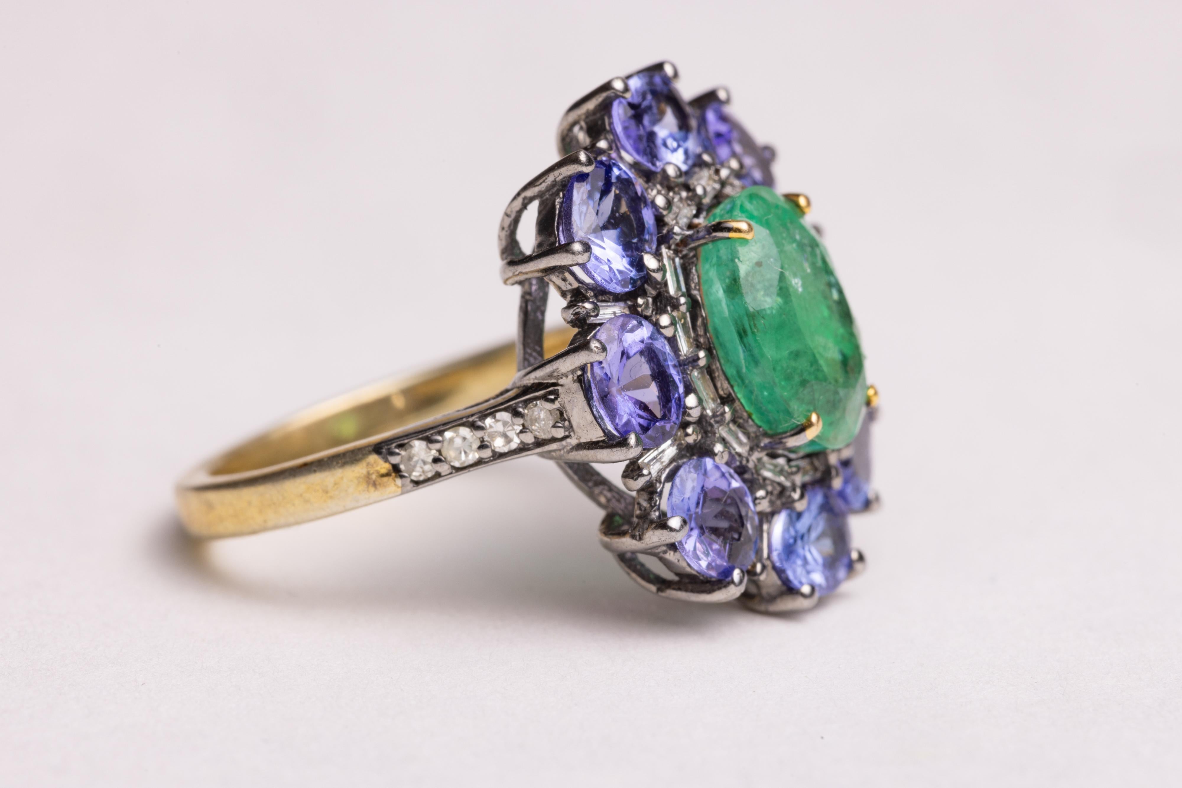 Oval Cut Emerald, Diamond and Tanzanite Cocktail Ring For Sale