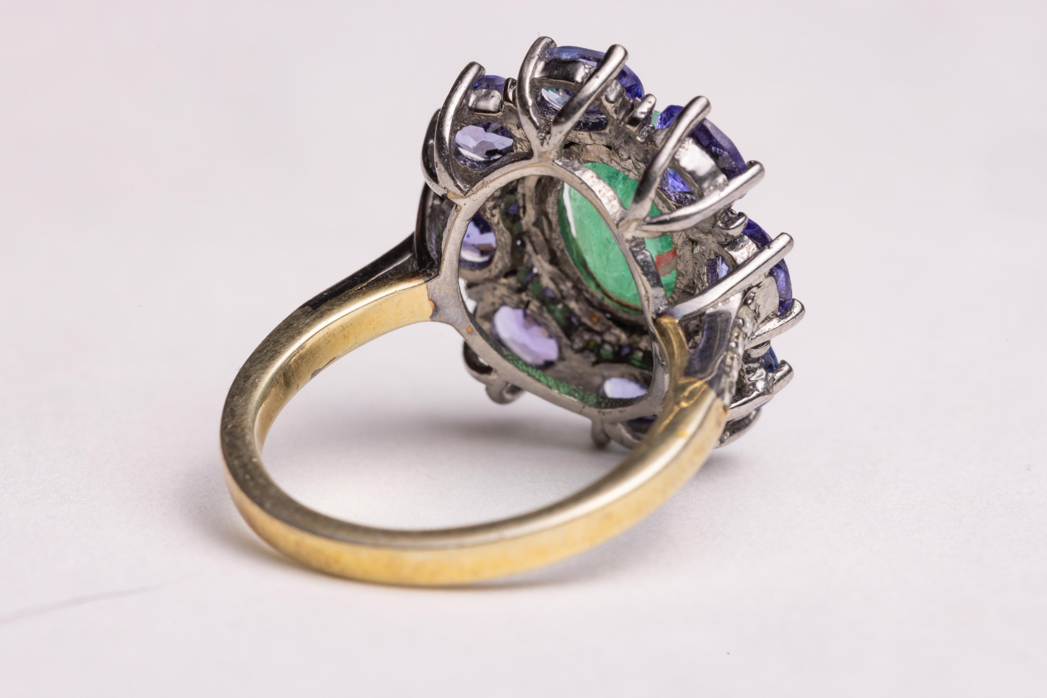 Emerald, Diamond and Tanzanite Cocktail Ring In Excellent Condition For Sale In Nantucket, MA