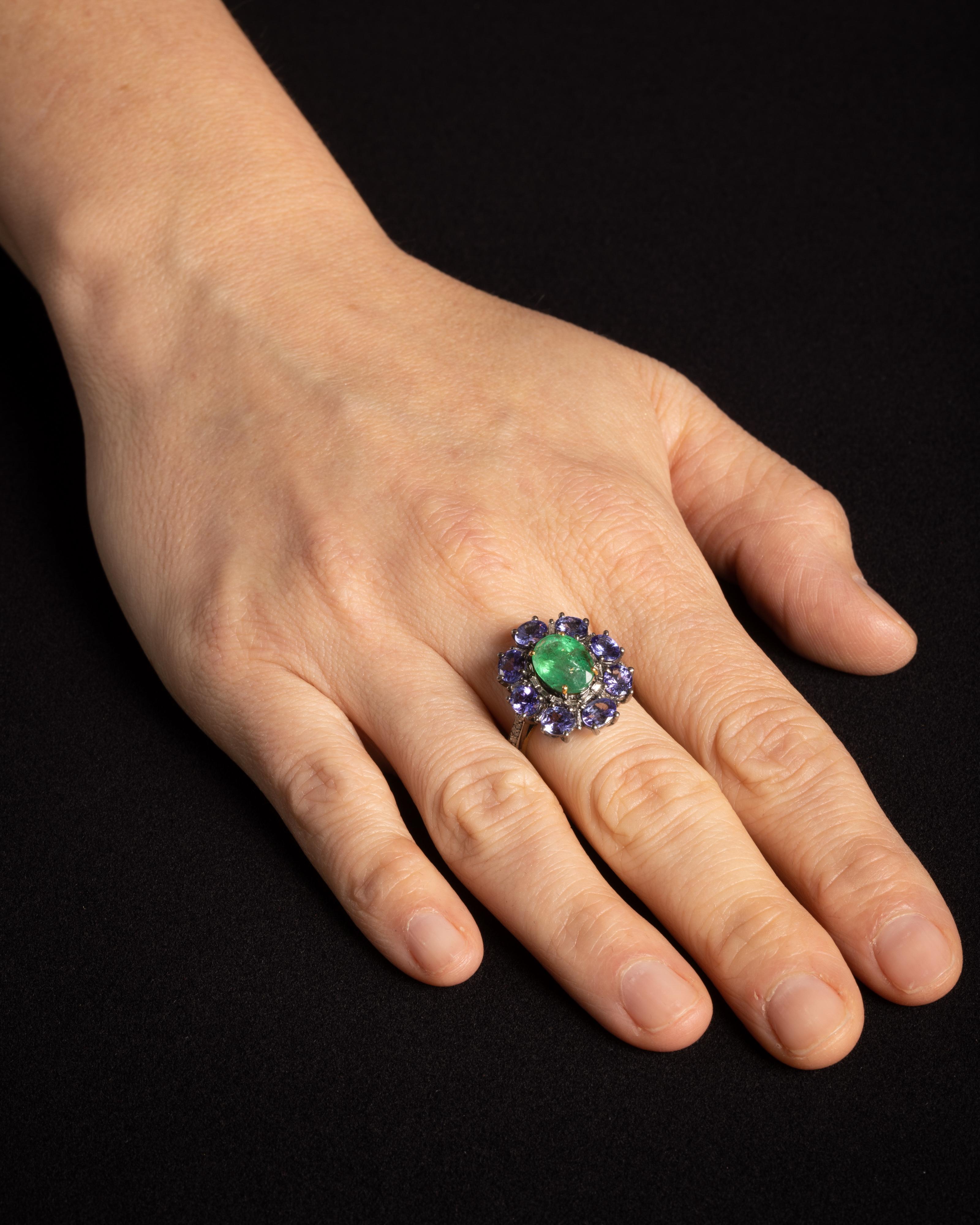 Women's or Men's Emerald, Diamond and Tanzanite Cocktail Ring For Sale