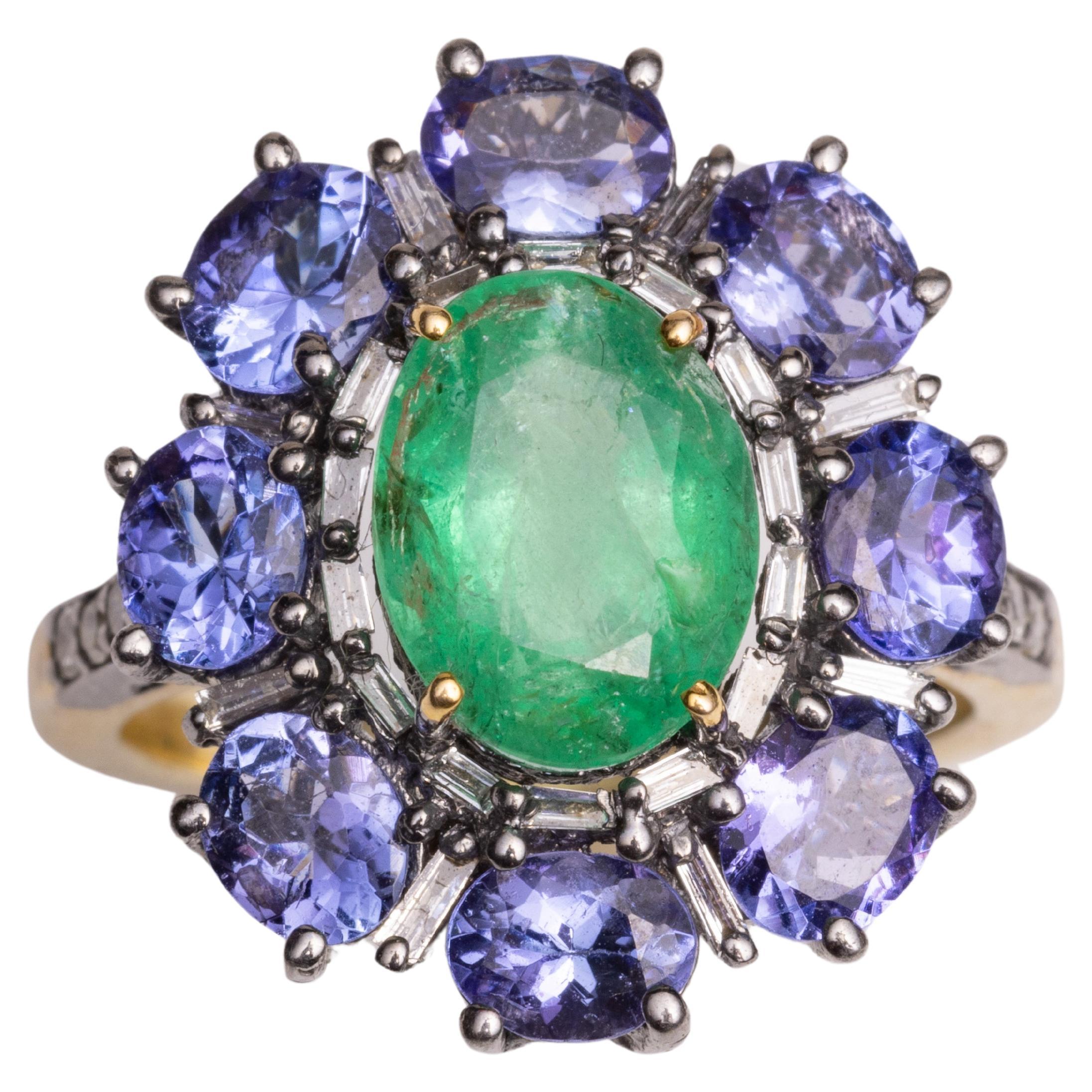 Emerald, Diamond and Tanzanite Cocktail Ring For Sale