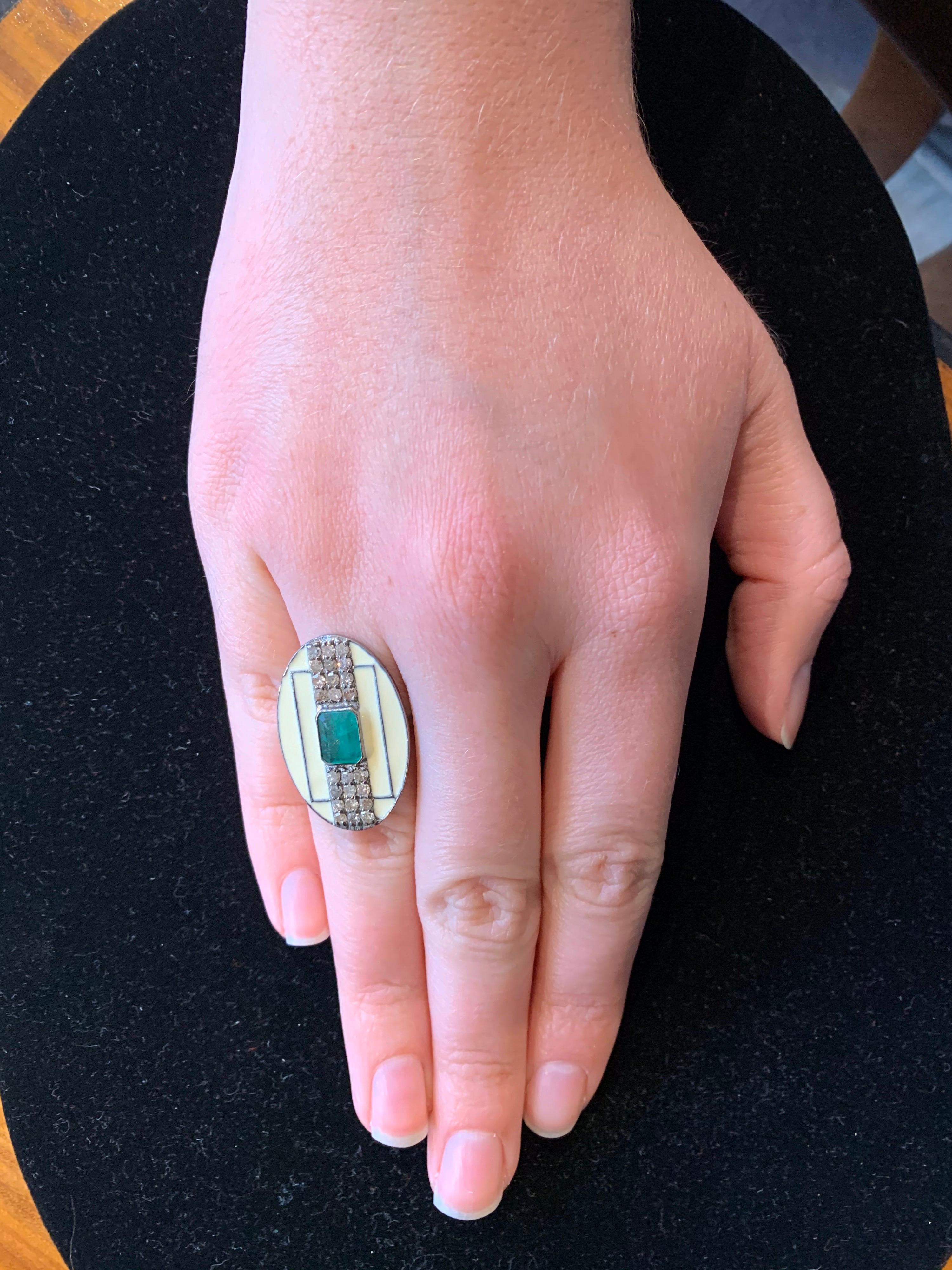 Women's or Men's Emerald, Diamond and White Enamel Cocktail Ring For Sale
