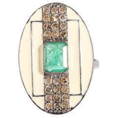 Emerald, Diamond and White Enamel Cocktail Ring