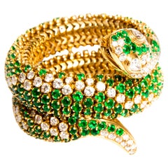 Emerald, Diamond and Yellow Gold Sea Snake Bangle Bracelet