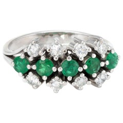 Emerald Diamond Anniversary Band Ring Vintage 14 Karat White Gold