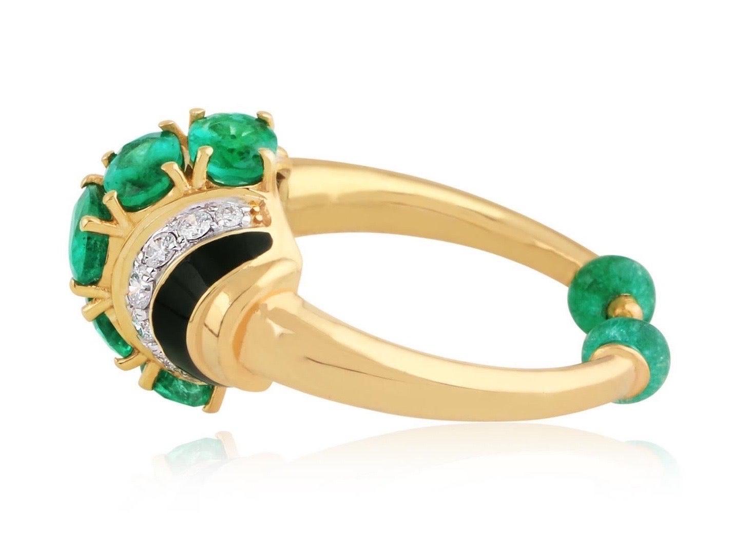 For Sale:  Emerald Diamond Art Deco Style 18 Karat Yellow Gold Ring 2