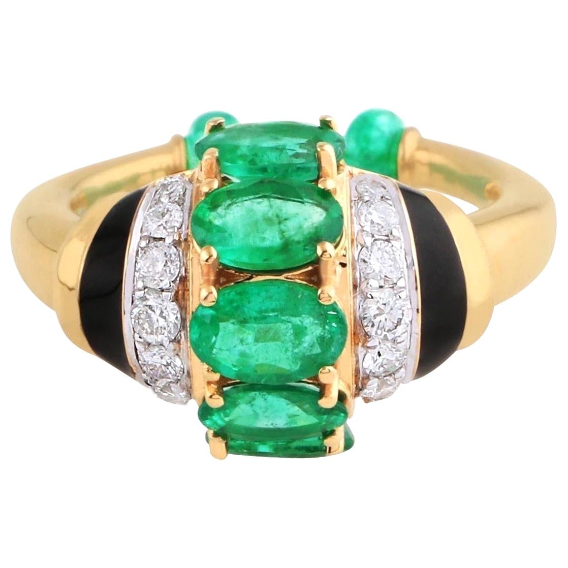 Emerald Diamond Art Deco Style 18 Karat Yellow Gold Ring
