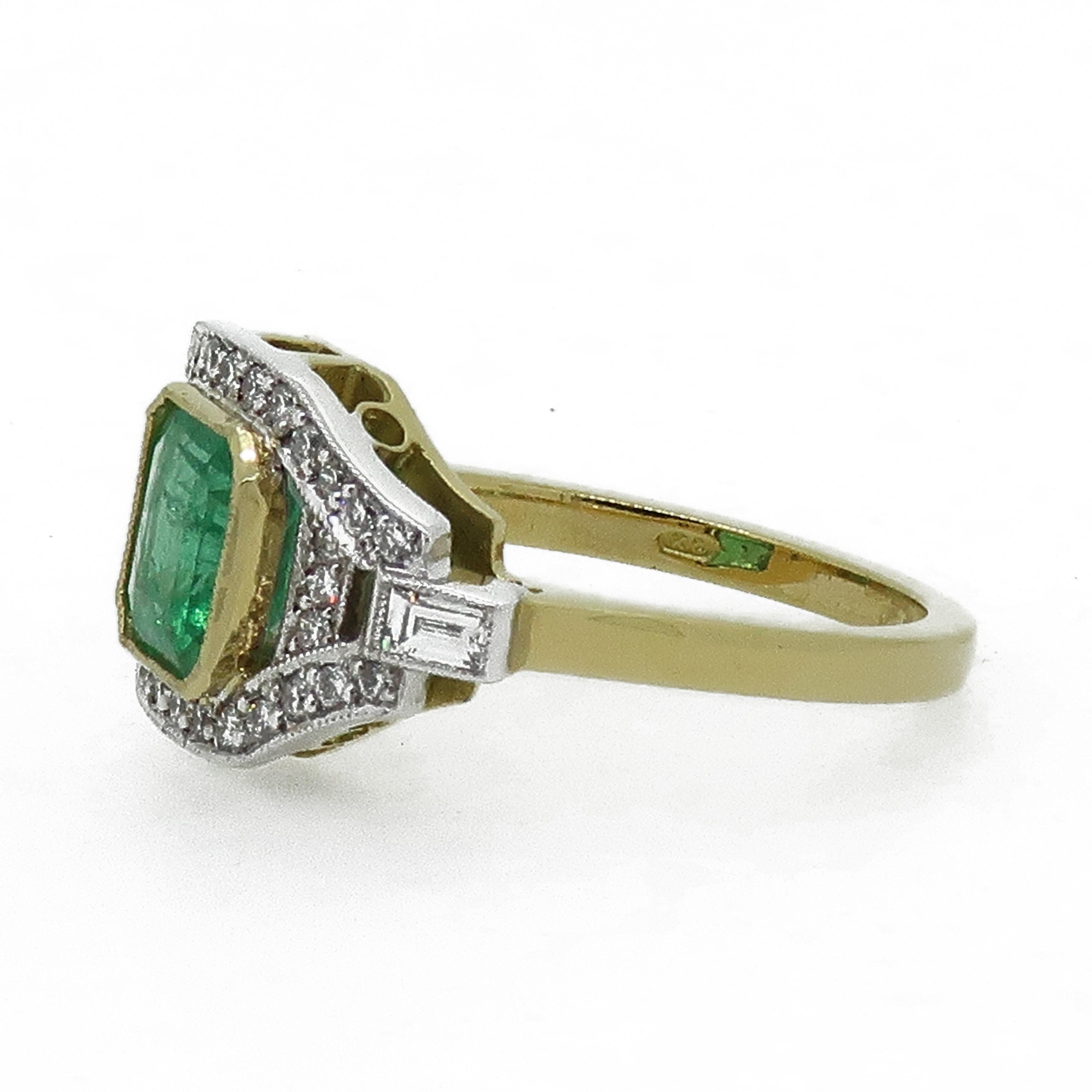 Emerald & Diamond Art Deco Style Cluster Ring 18 Karat Yellow & White Gold

Art Deco style ring centrally set with square emerald cut emerald.  The emerald is set in a fine yellow gold 18ct mill-grain bezel , surrounded and offset with a row of