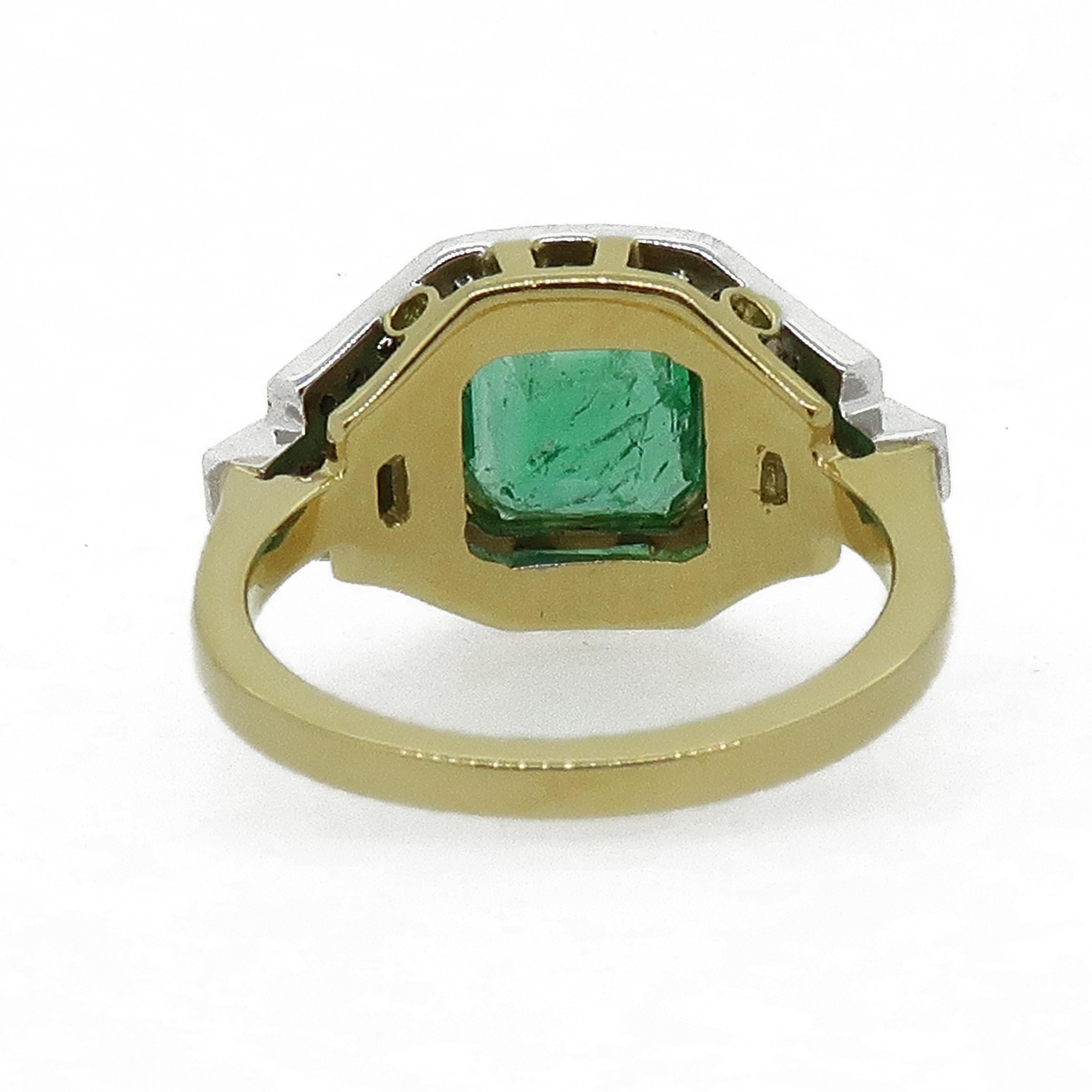 Emerald Cut Emerald & Diamond Art Deco Style Cluster Ring 18 Karat Yellow & White Gold