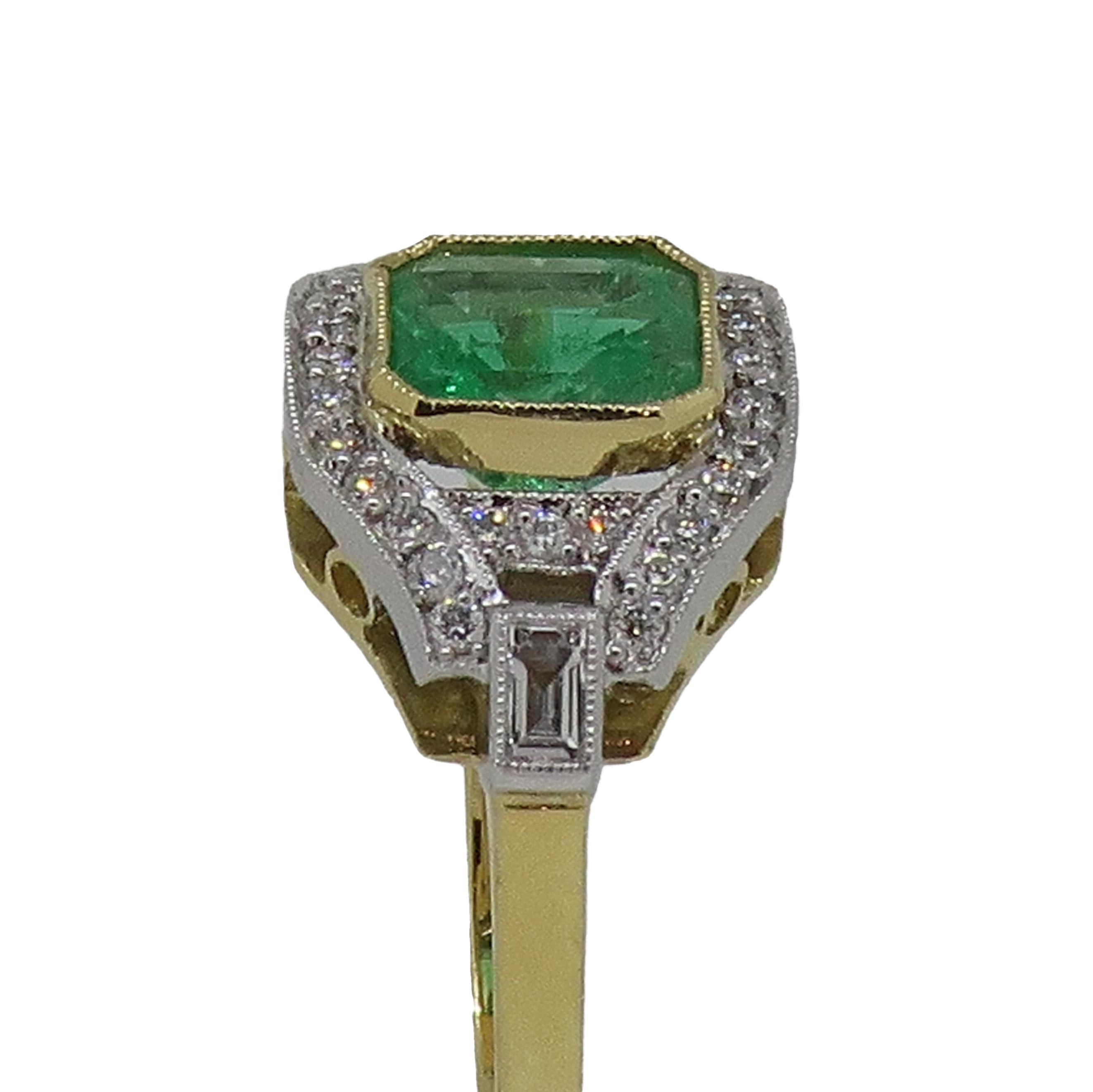 Emerald & Diamond Art Deco Style Cluster Ring 18 Karat Yellow & White Gold 1