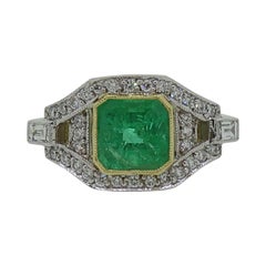 Emerald & Diamond Art Deco Style Cluster Ring 18 Karat Yellow & White Gold