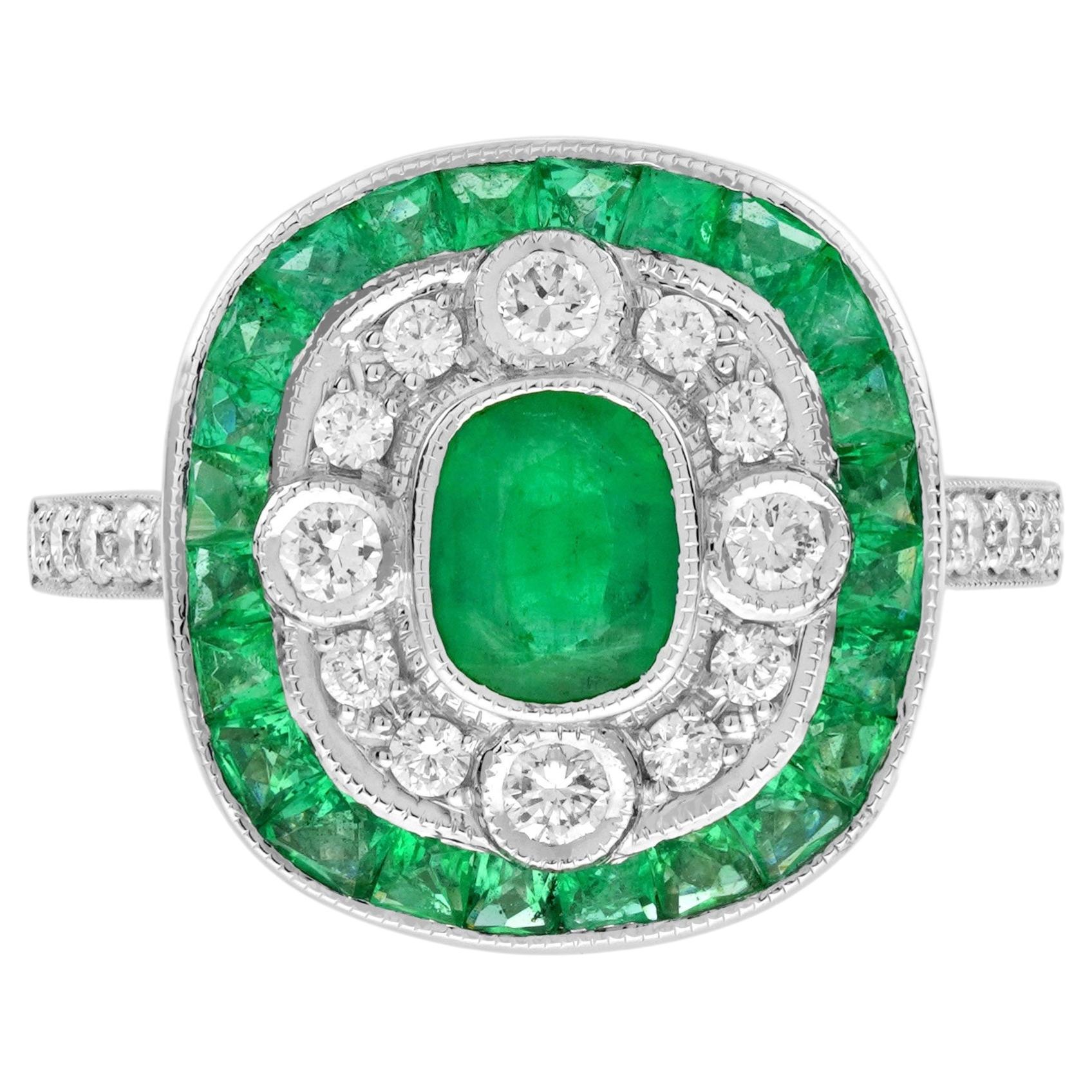Emerald Diamond Art Deco Style Cushion Shape Engagement Ring in 18K White Gold