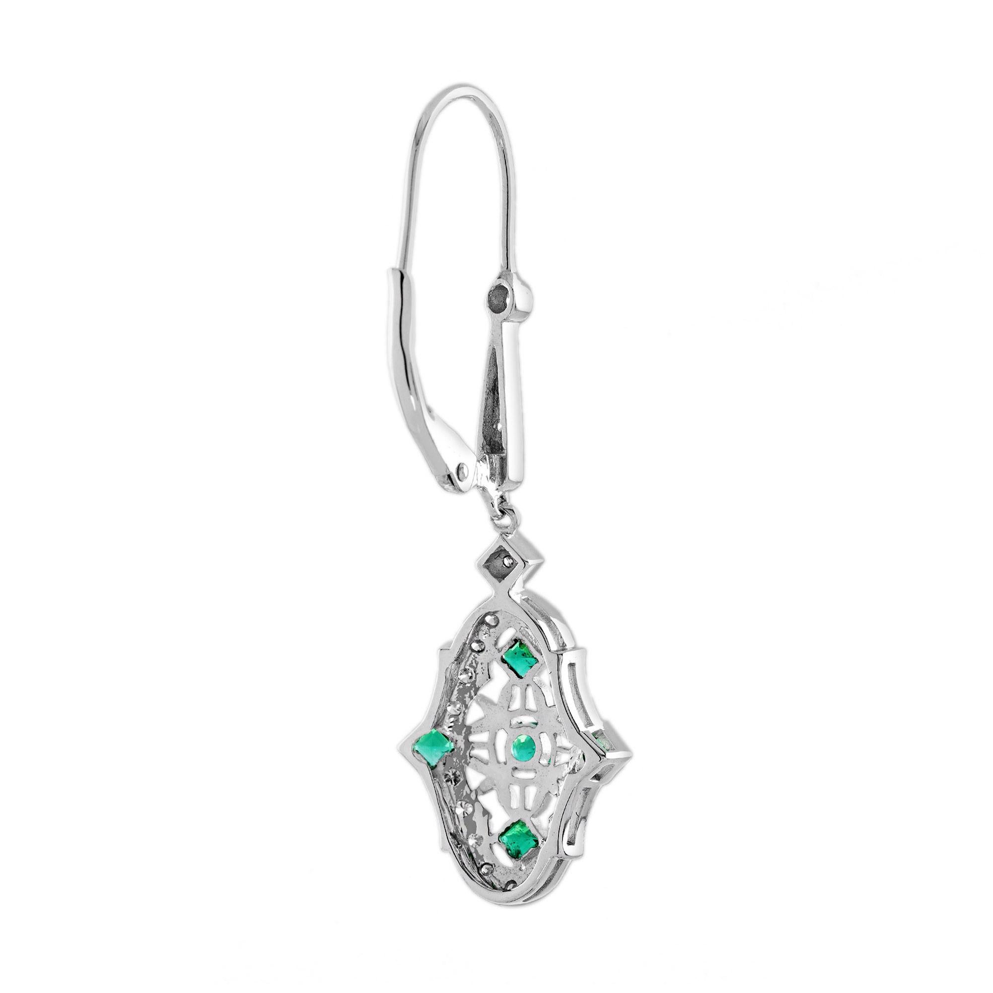 Taglio rotondo Orecchini a goccia con diamante smeraldo in stile Art Deco in oro bianco 14K in vendita