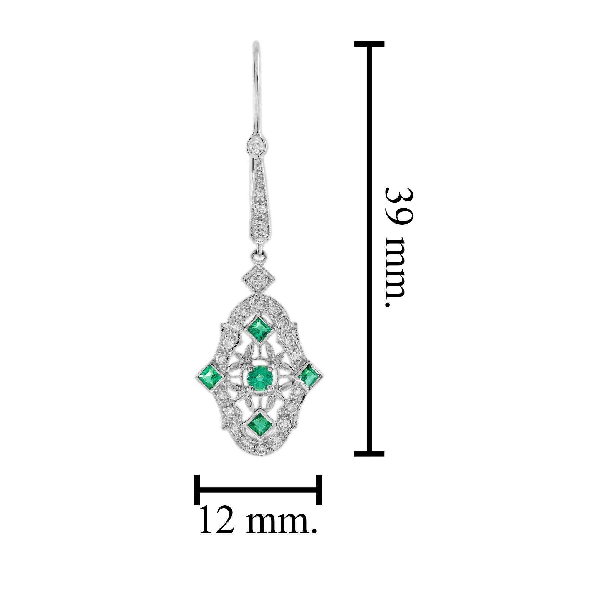 Orecchini a goccia con diamante smeraldo in stile Art Deco in oro bianco 14K In condizioni Nuovo in vendita a Bangkok, TH