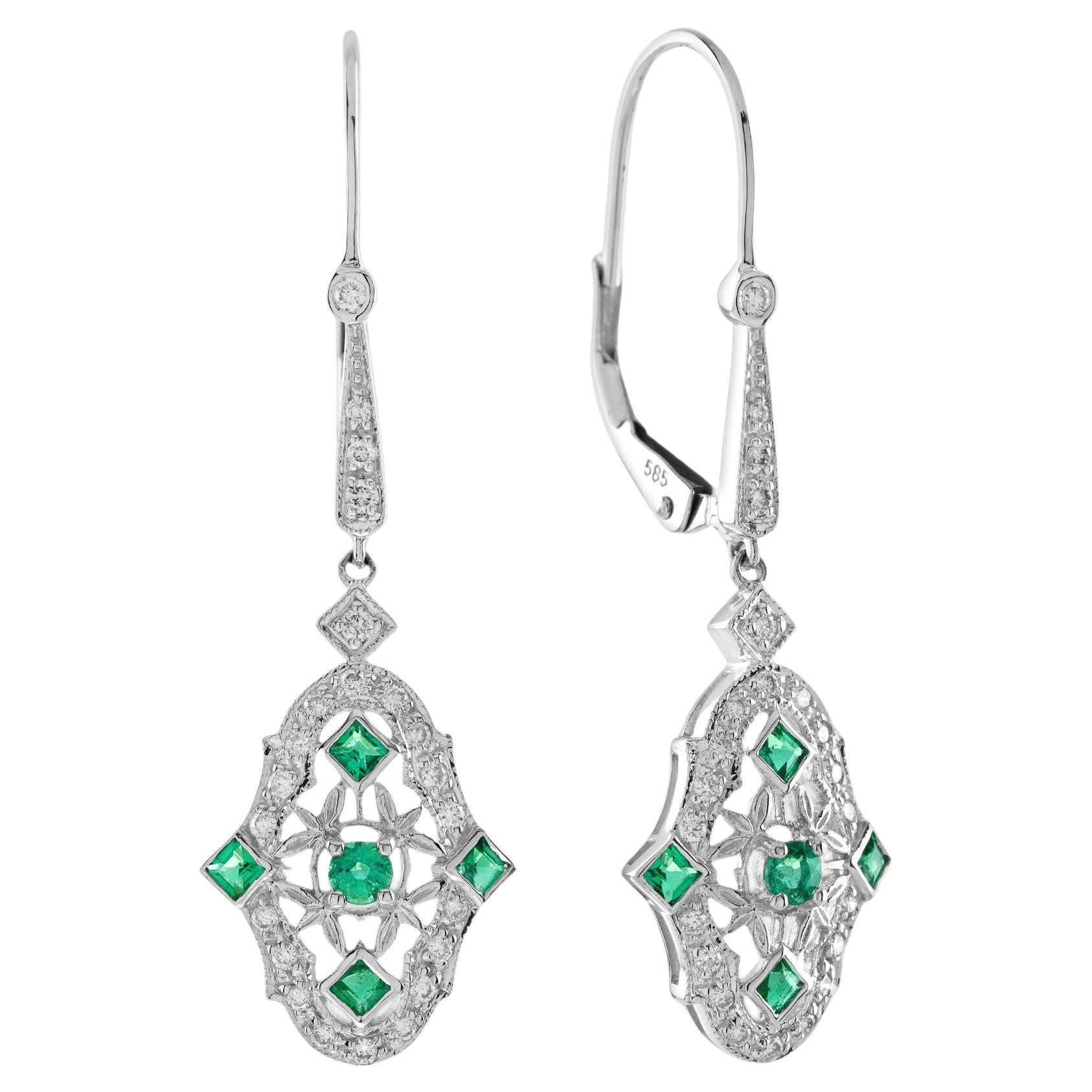 Emerald Diamond Art Deco Style Drop Earrings in 14K White Gold