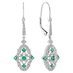 Emerald Diamond Art Deco Style Drop Earrings in 14K White Gold