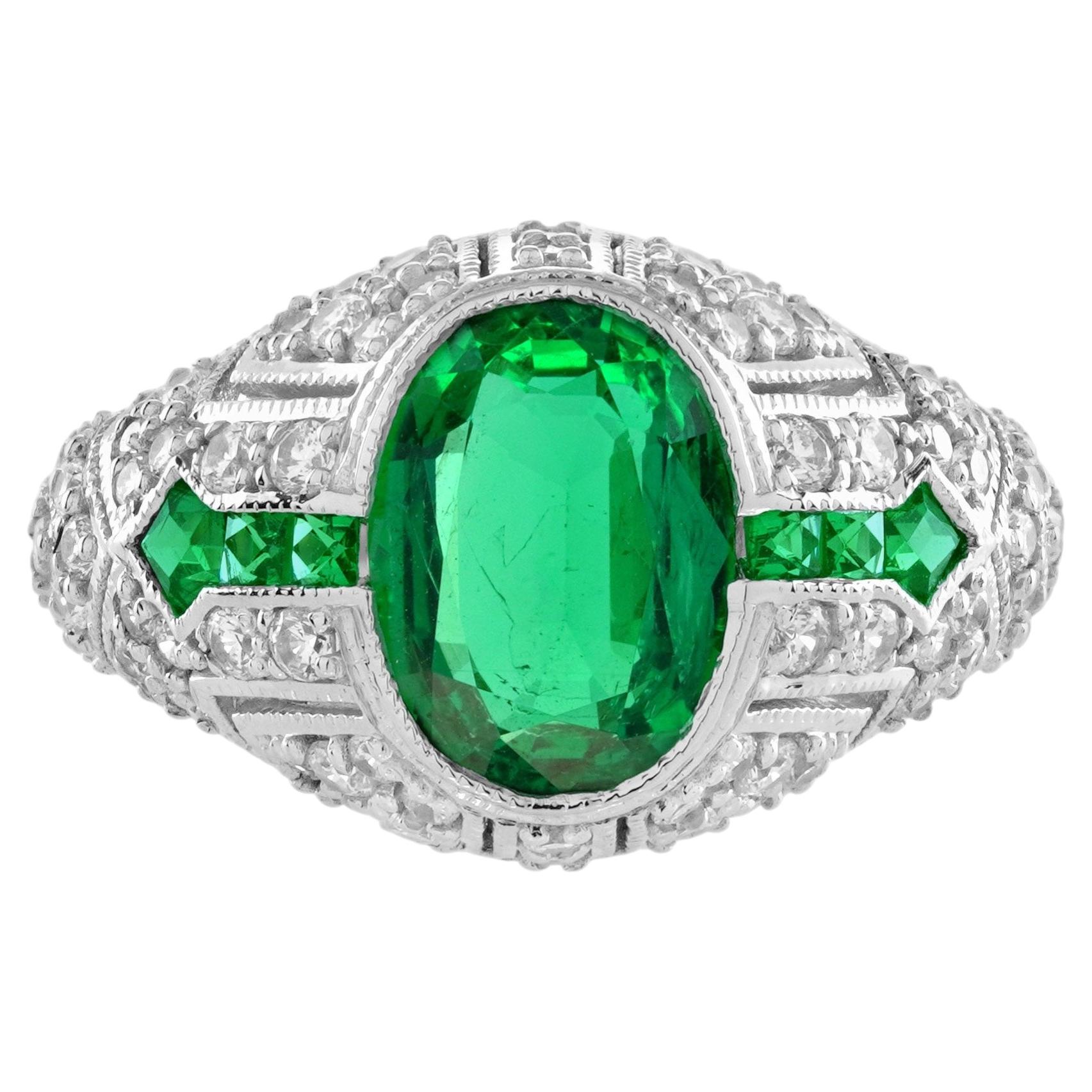 Emerald Diamond Art Deco Style Engagement Dome Ring in 18K White Gold