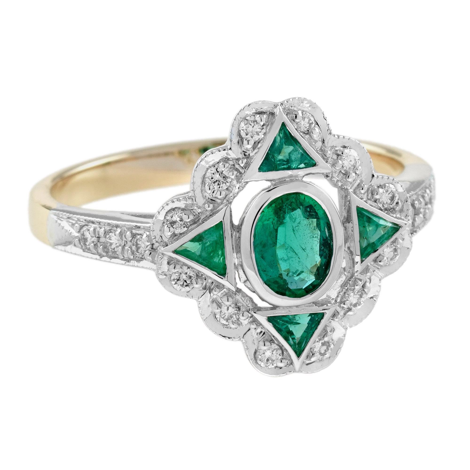 Oval Cut Emerald Diamond Art Deco Style Engagement Ring in 18K Two Tone Gold For Sale