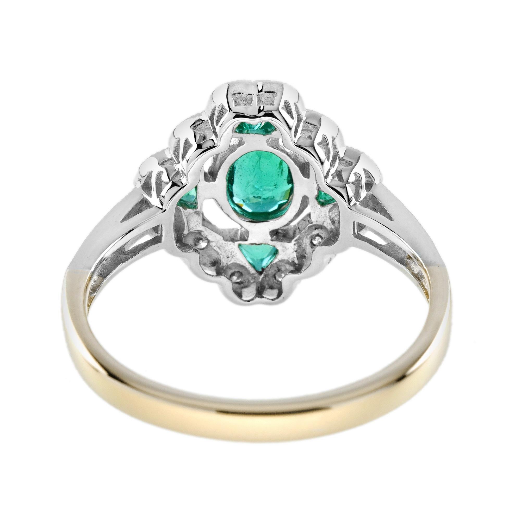Women's Emerald Diamond Art Deco Style Engagement Ring in 18K Two Tone Gold For Sale