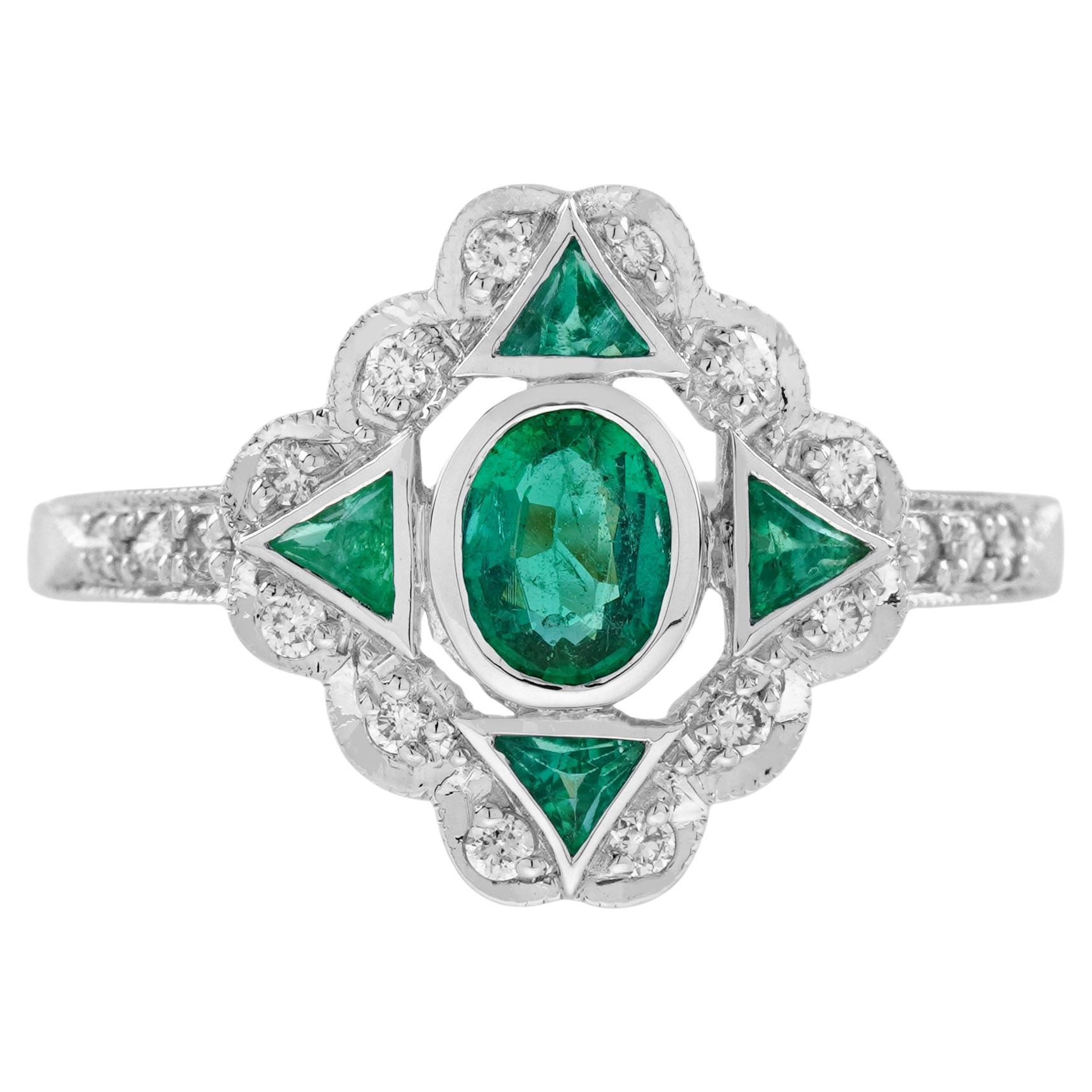 Emerald Diamond Art Deco Style Engagement Ring in 18K Two Tone Gold