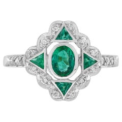 Emerald Diamond Art Deco Style Engagement Ring in 18K Two Tone Gold