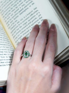 Emerald Diamond Art Deco Style Engagement Ring in 18K White Gold