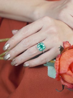 Emerald Diamond Art Deco Style Engagement Ring in 18K White Gold