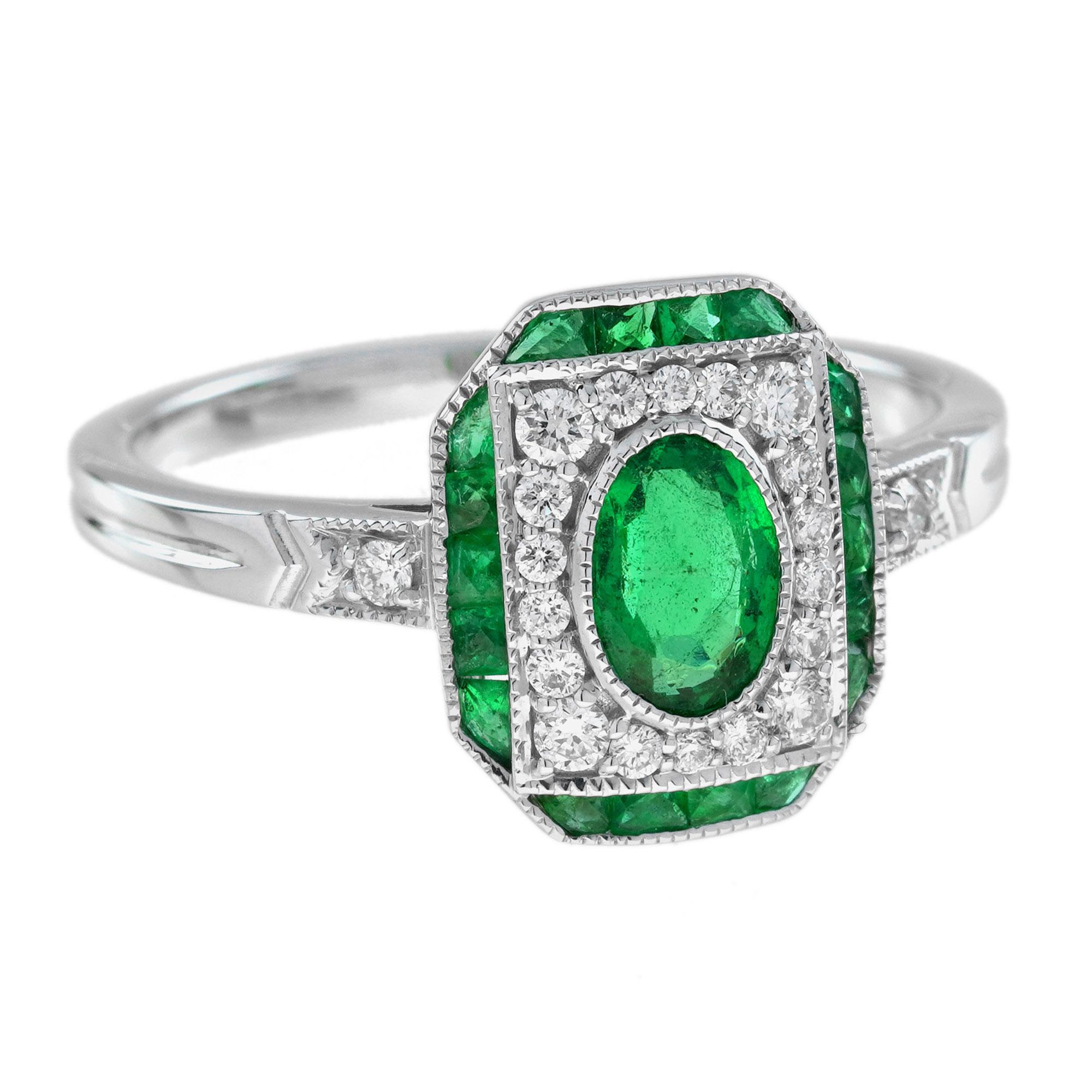 Oval Cut Emerald Diamond Art Deco Style Engagement Ring in 18K White Gold For Sale