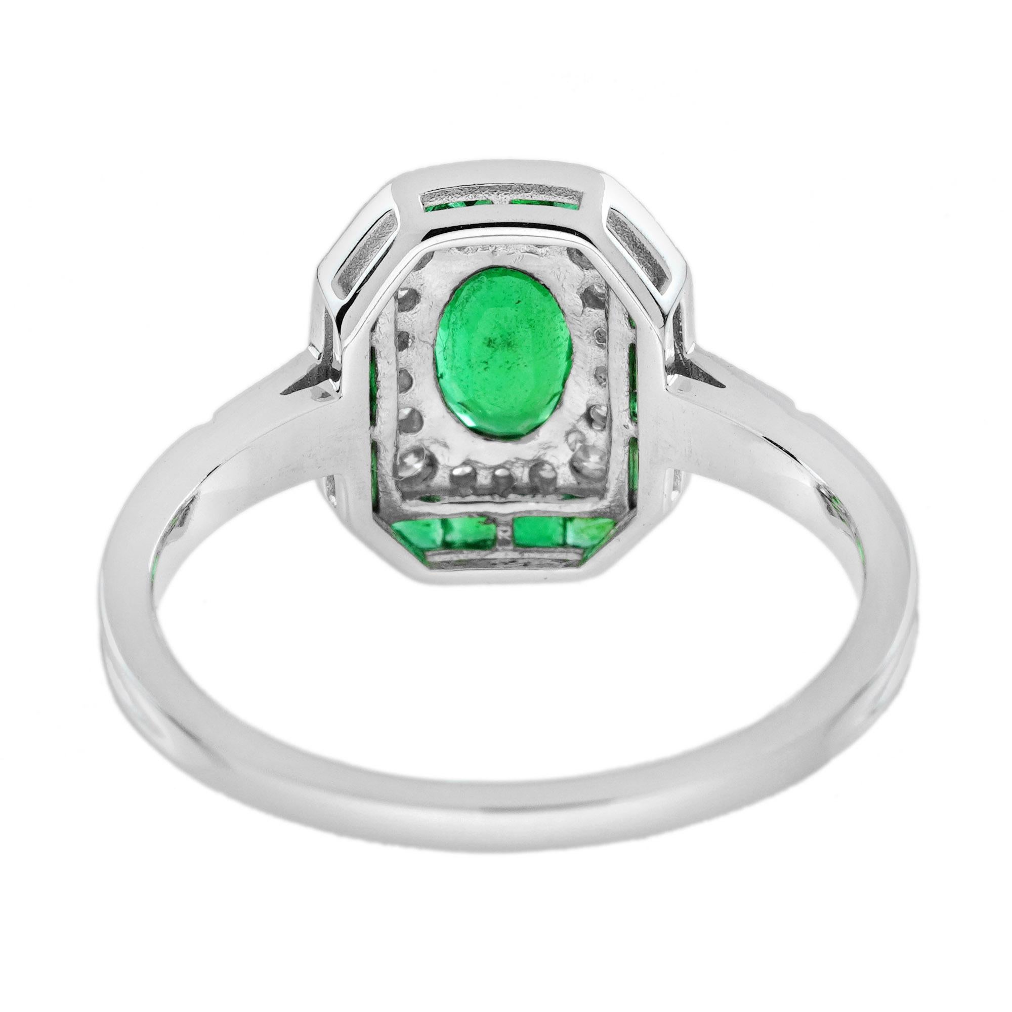 Women's Emerald Diamond Art Deco Style Engagement Ring in 18K White Gold For Sale