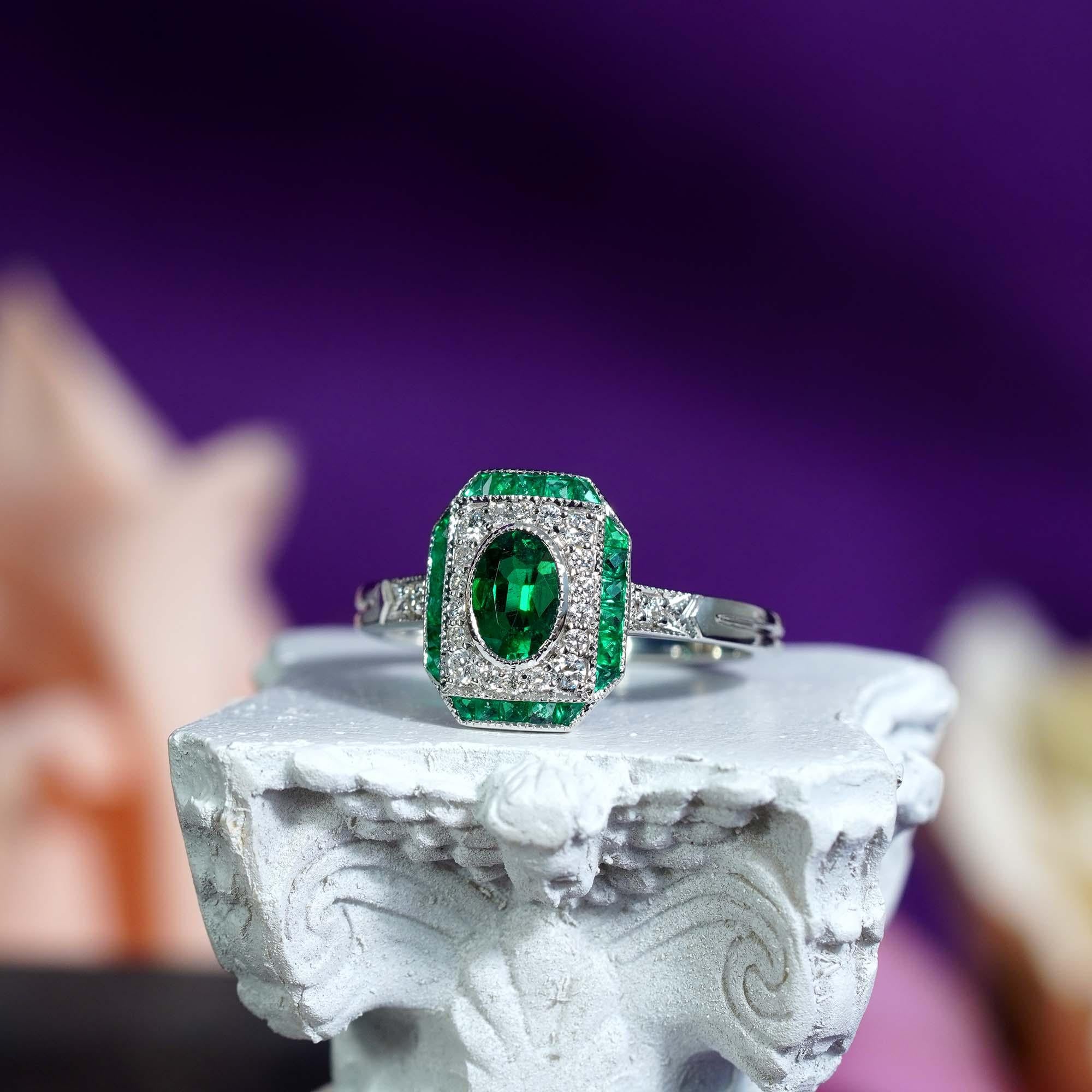 Smaragd-Diamant-Verlobungsring im Art-déco-Stil aus 18 Karat Weißgold Damen